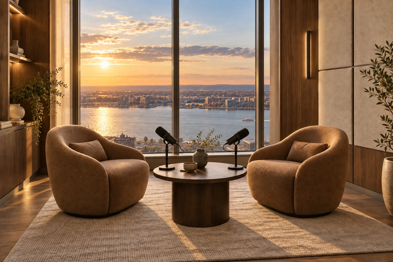 Illustrative podcast set with two armchairs and tabletop microphones overlooking the Hudson River toward New Jersey.
